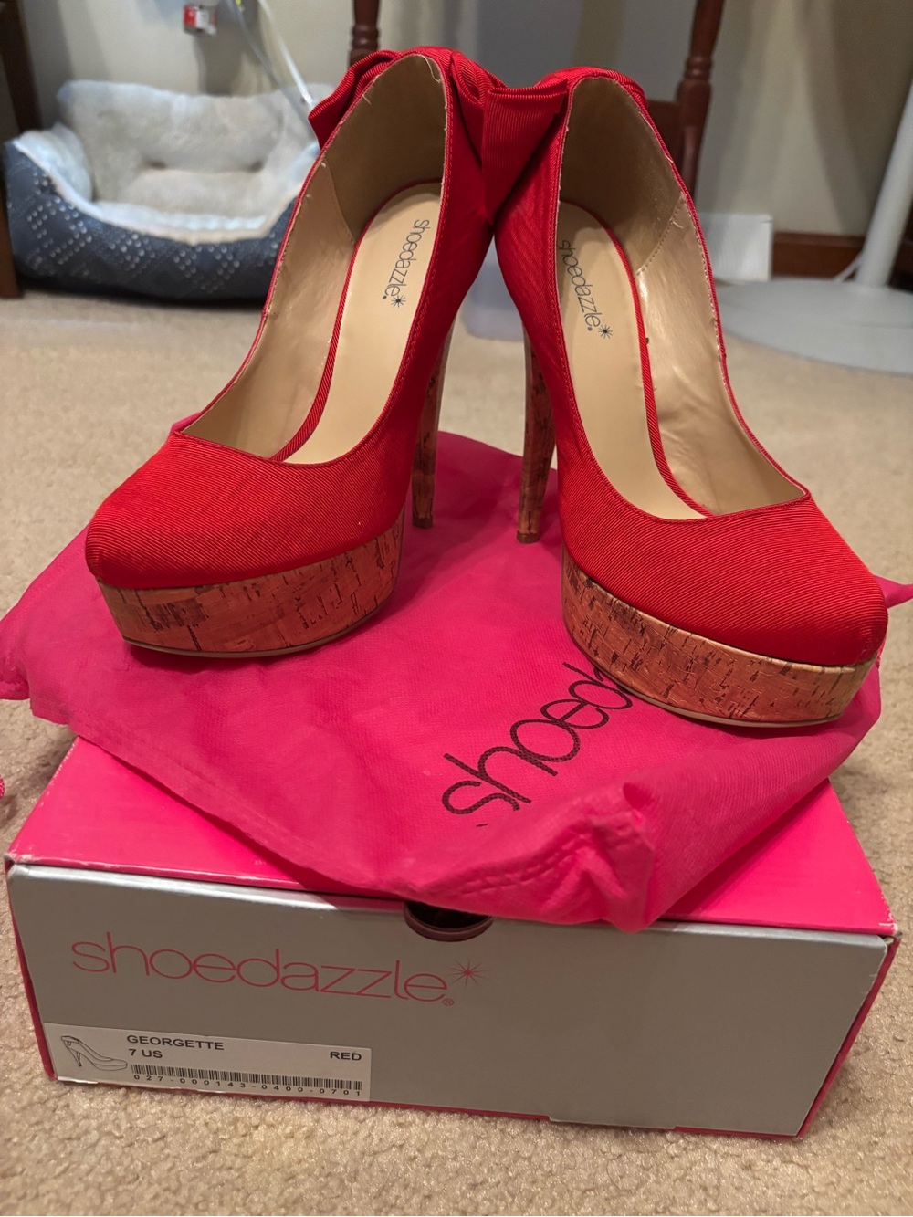 Shoe Dazzle Georgette Red Cork Platform Pumps